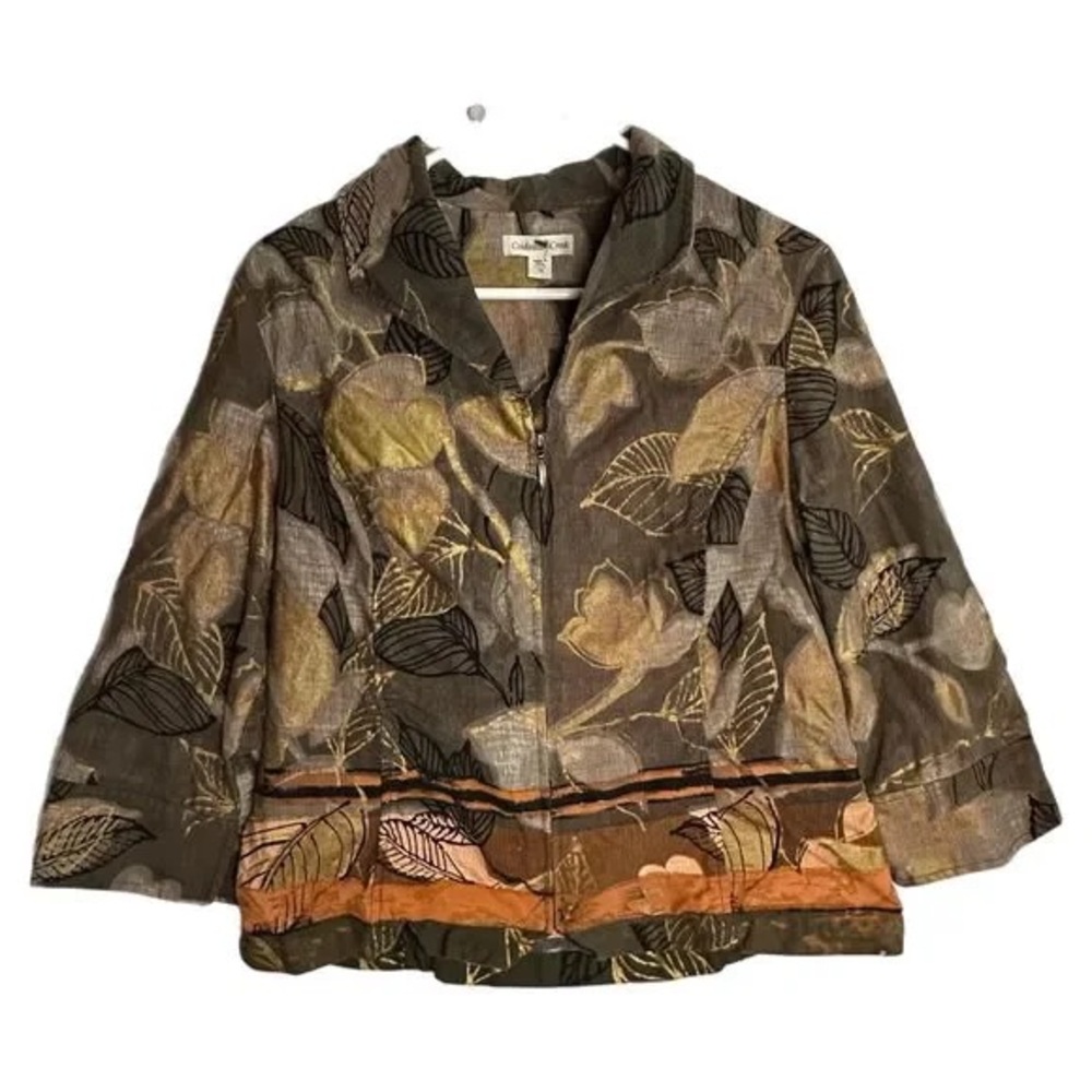 Coldwater Creek Multicolor Leaf Print Blazer 100% Cotton Size‎ 8 Zipper Front